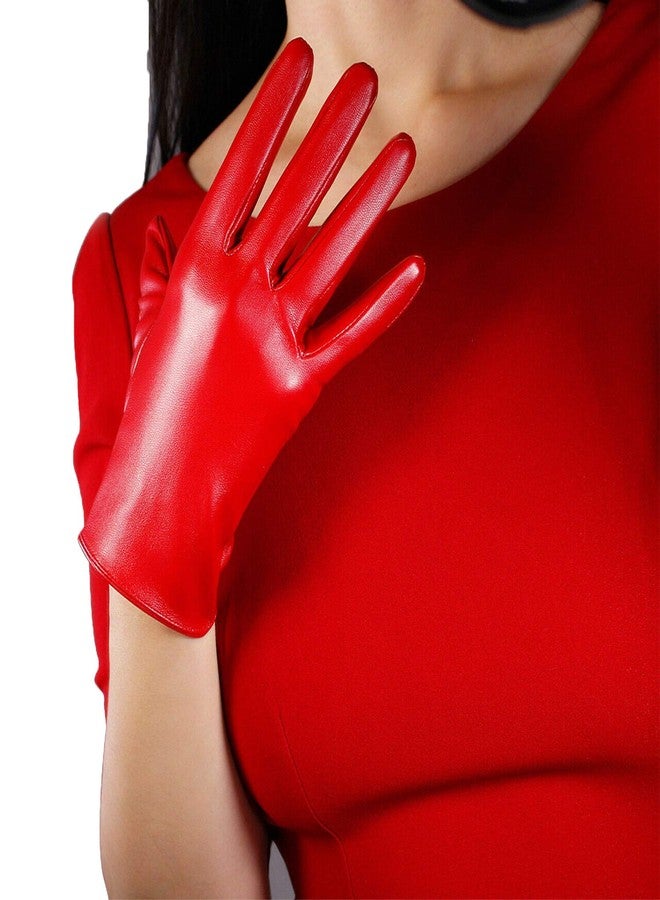 DooWay Women's Faux Leather Gloves Wrist Short 8" Hot Red Stretchy Unlined PU Finger Gloves for Wedding Evening Special Party - Image 1